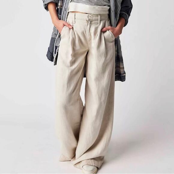 Mother high waisted pouty prep heel pants ultra wide leg linen lyocell cream 28 - Picture 3 of 16